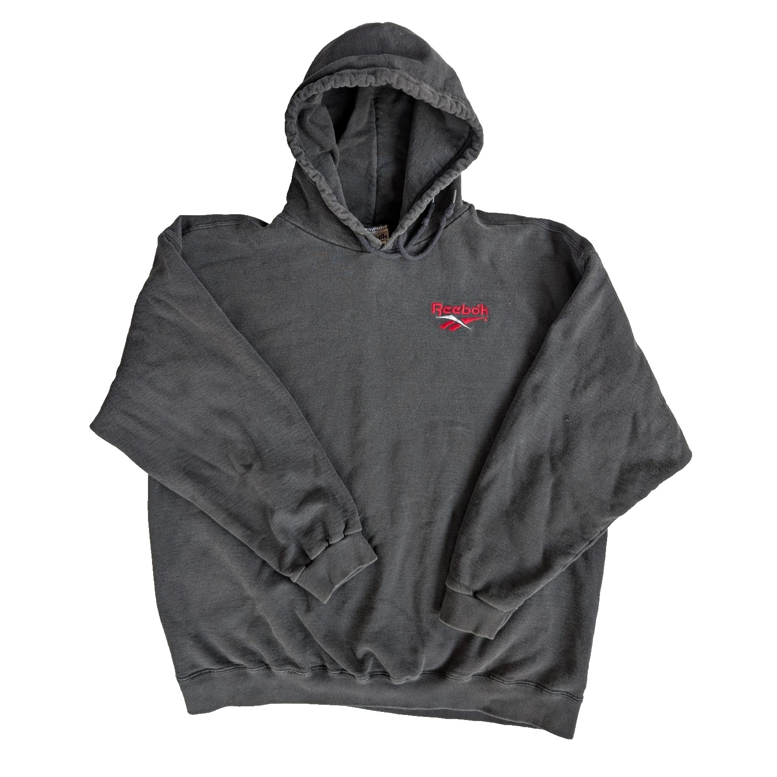 Vintage Reebok Hoodie Mens Xl Black 90s Faded Drawstring Logo Pullover